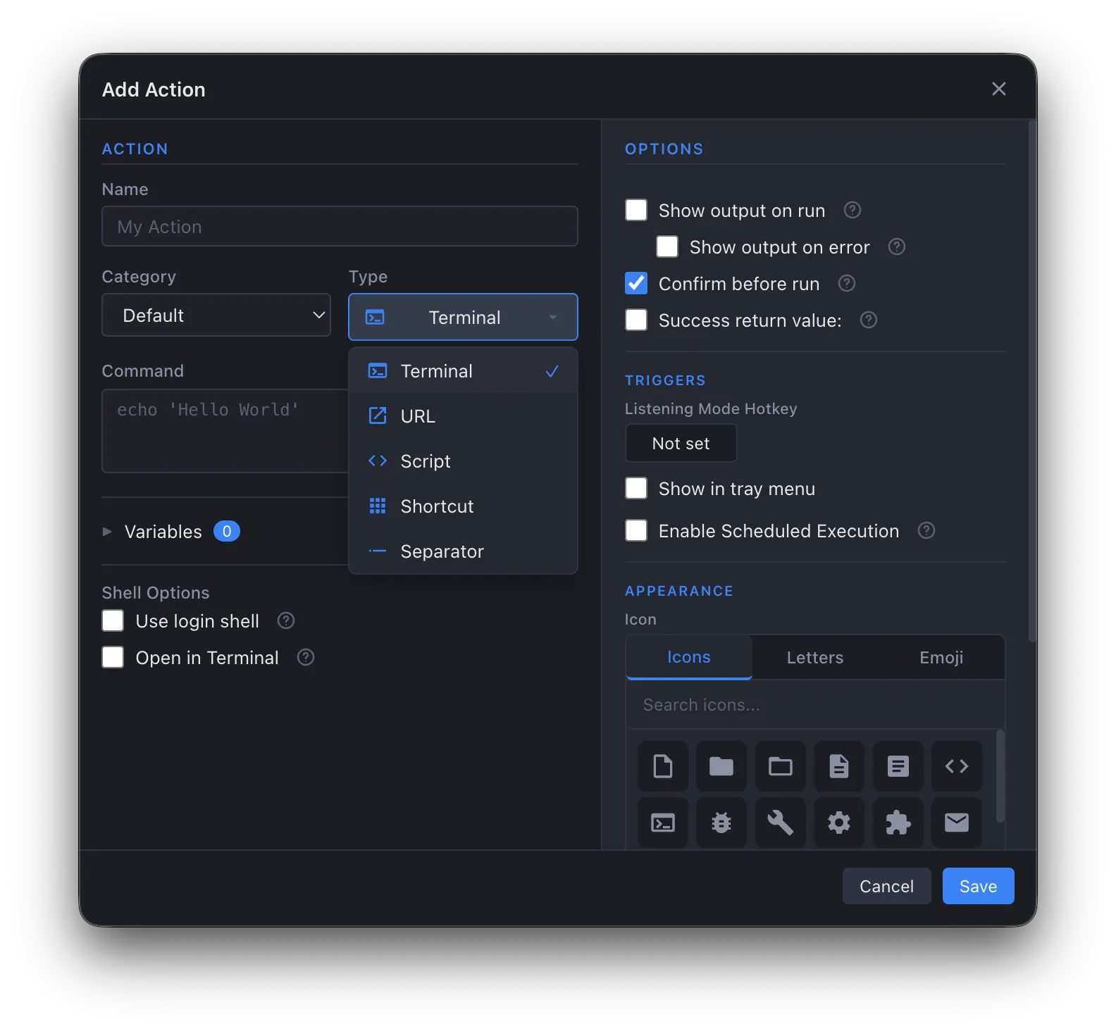 Add Action dialog with command entry, type selector (Terminal, URL, Script, Shortcut), shell options, triggers, scheduled execution, and icon picker
