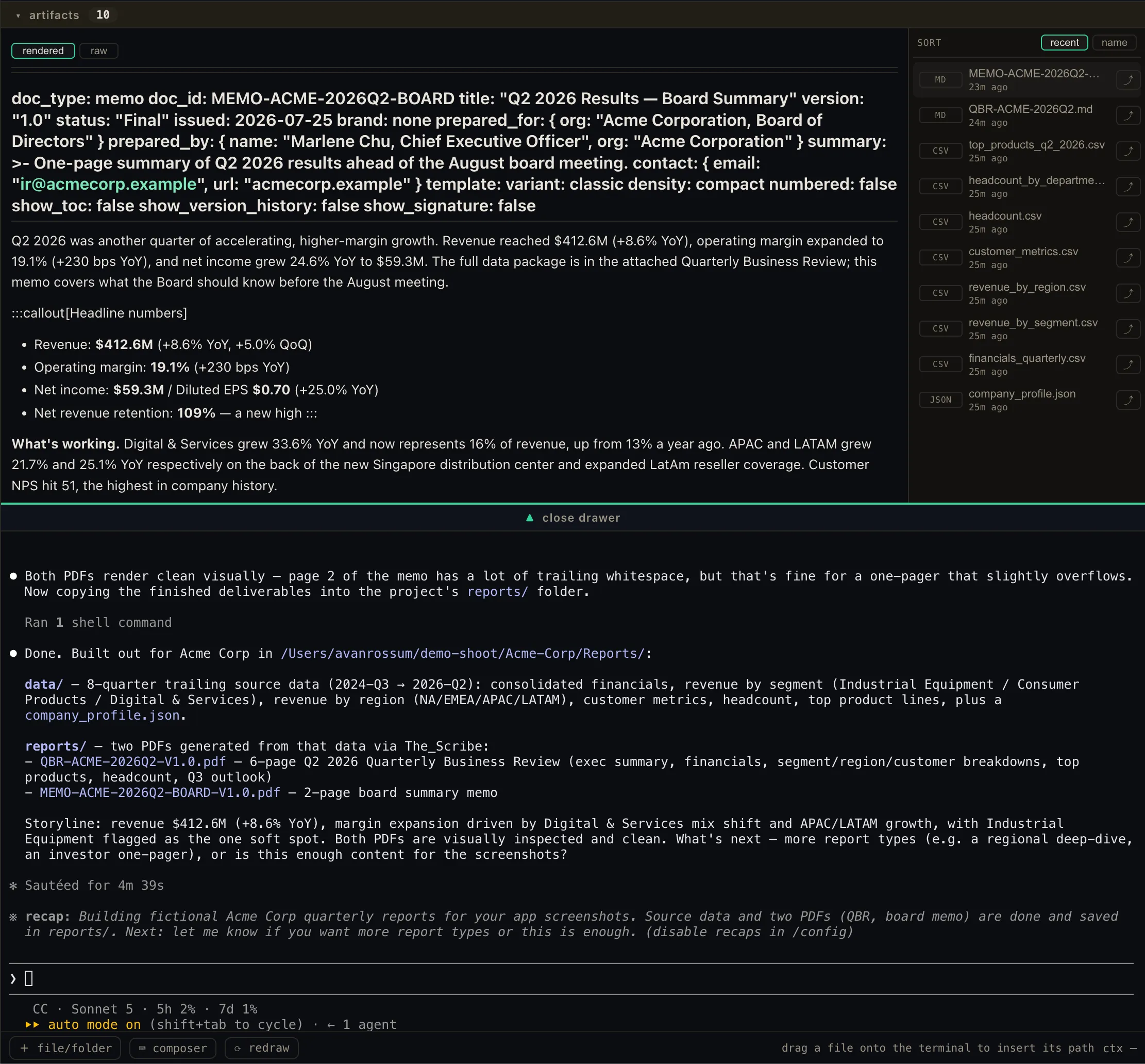 The artifact drawer rendering a Markdown document a session produced, with the sortable artifact list beside it