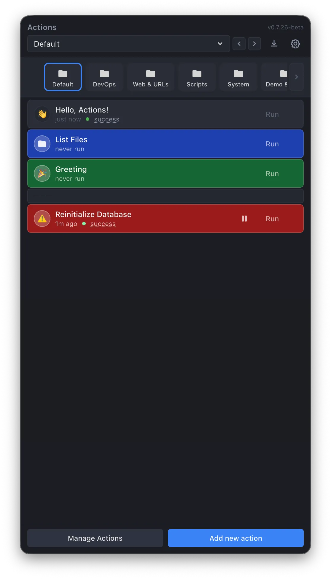 Actions app showing organized categories — Default, DevOps, Web & URLs, Scripts, System — with color-coded actions and run status