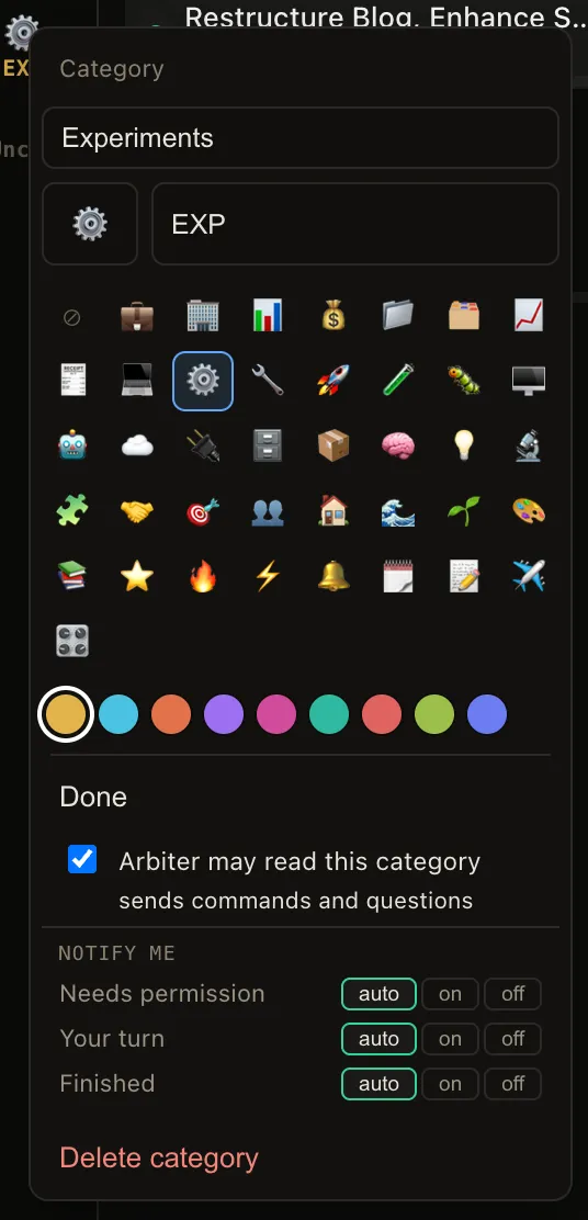 The category editor: color, emoji, short label, and per-category notification overrides
