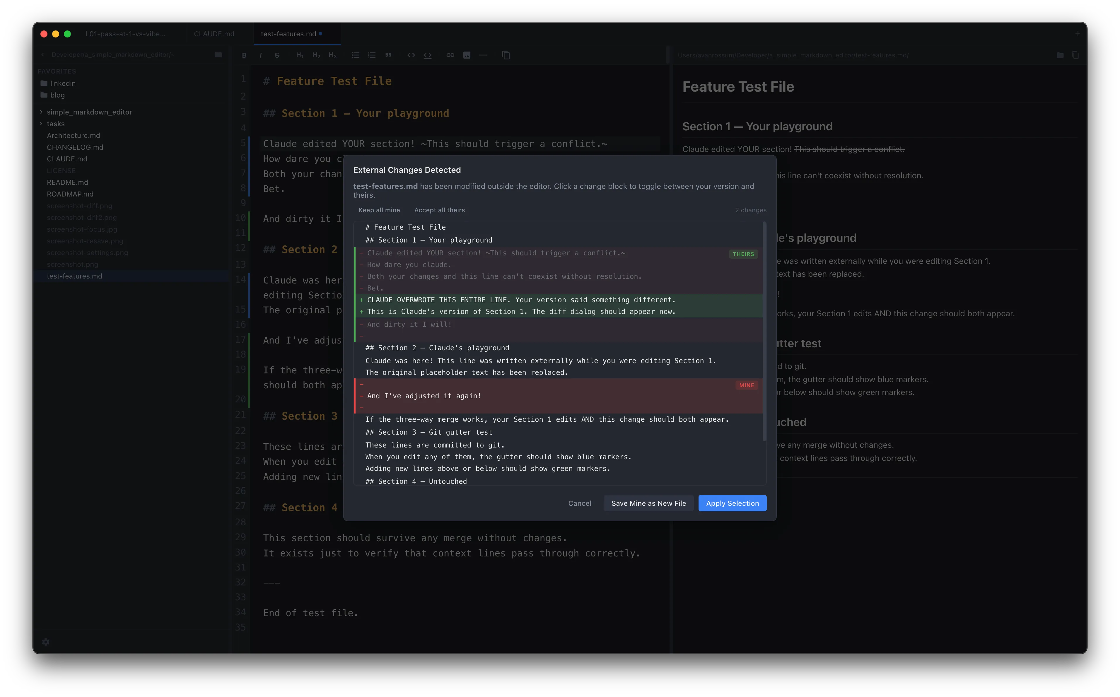 SideMark showing the interactive per-hunk diff view with color-coded changes and options to keep your version, accept external changes, or save as new file
