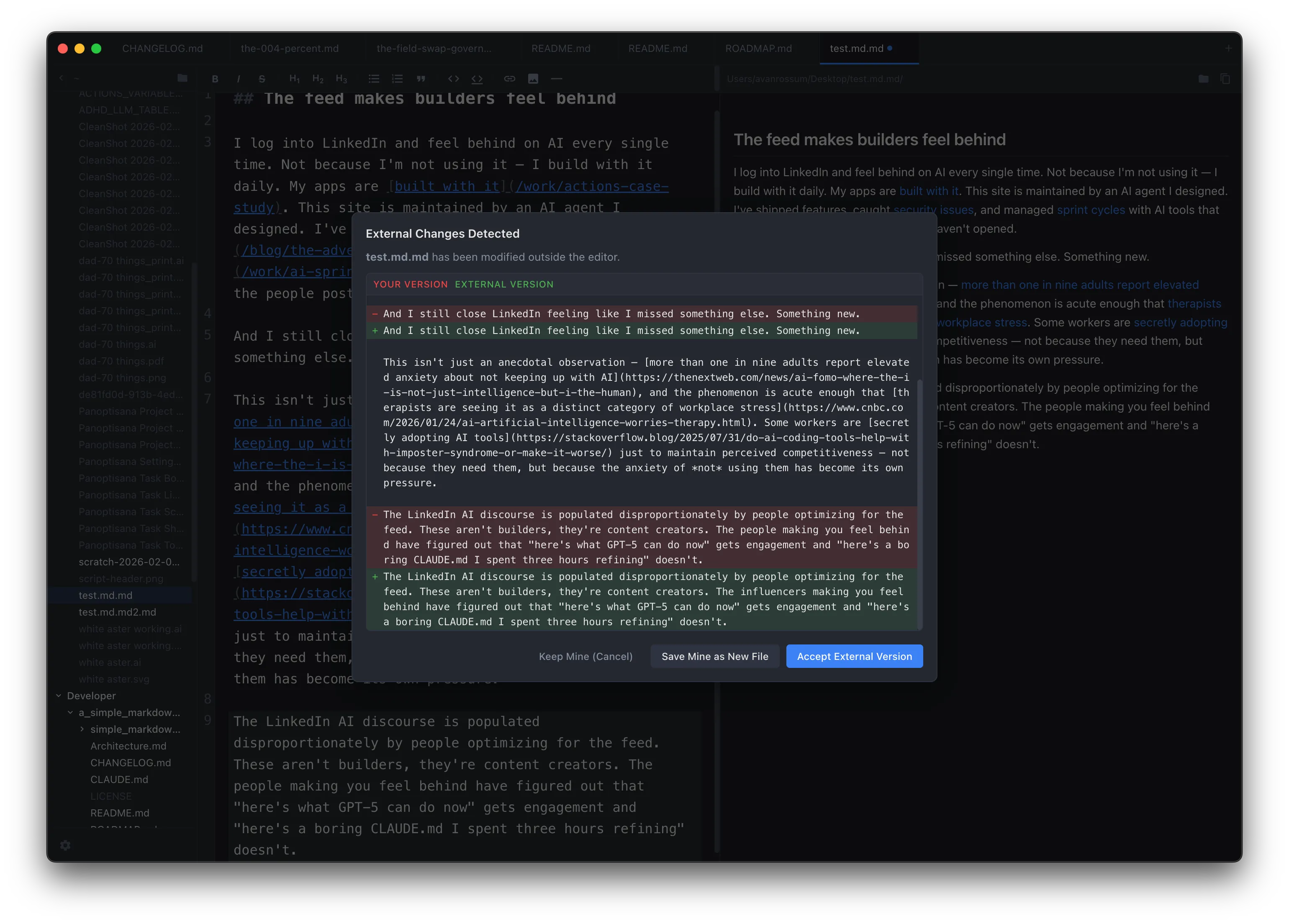 External change detection — diff view showing changes made to a file in another editor, with options to keep your version, accept external changes, or save as a new file