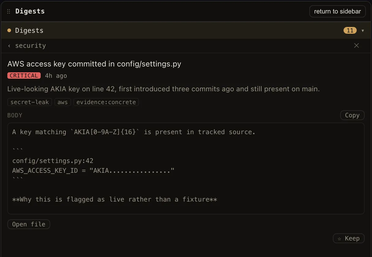 A single digest item open: a critical AWS access key finding with tags, a rendered markdown body, a copy button, an Open file action, and Keep