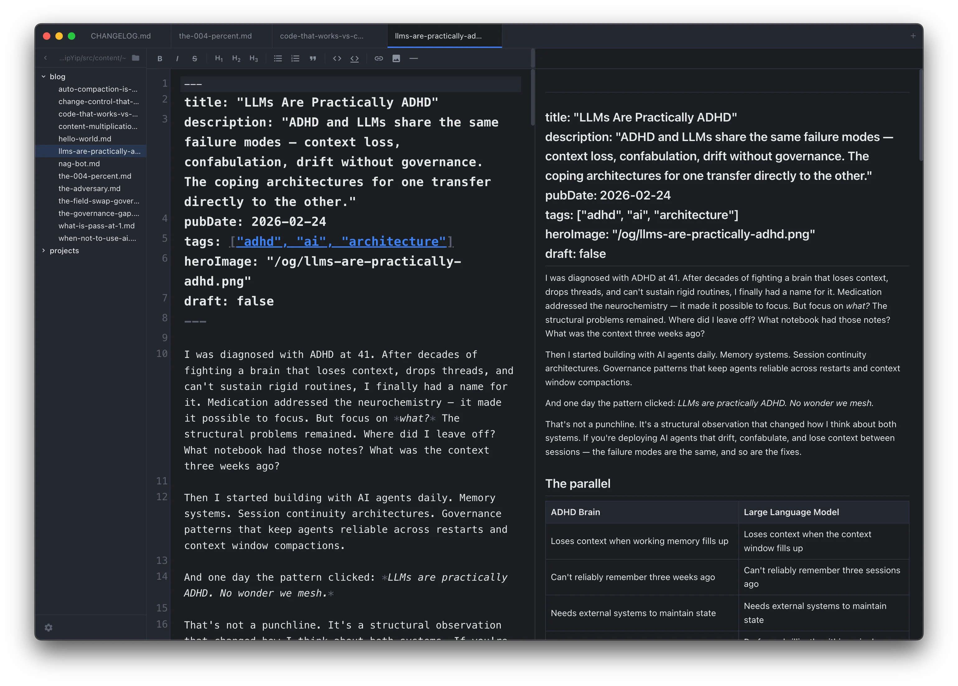 SideMark showing three-pane layout — file browser, markdown editor with syntax highlighting, and live GitHub Flavored Markdown preview