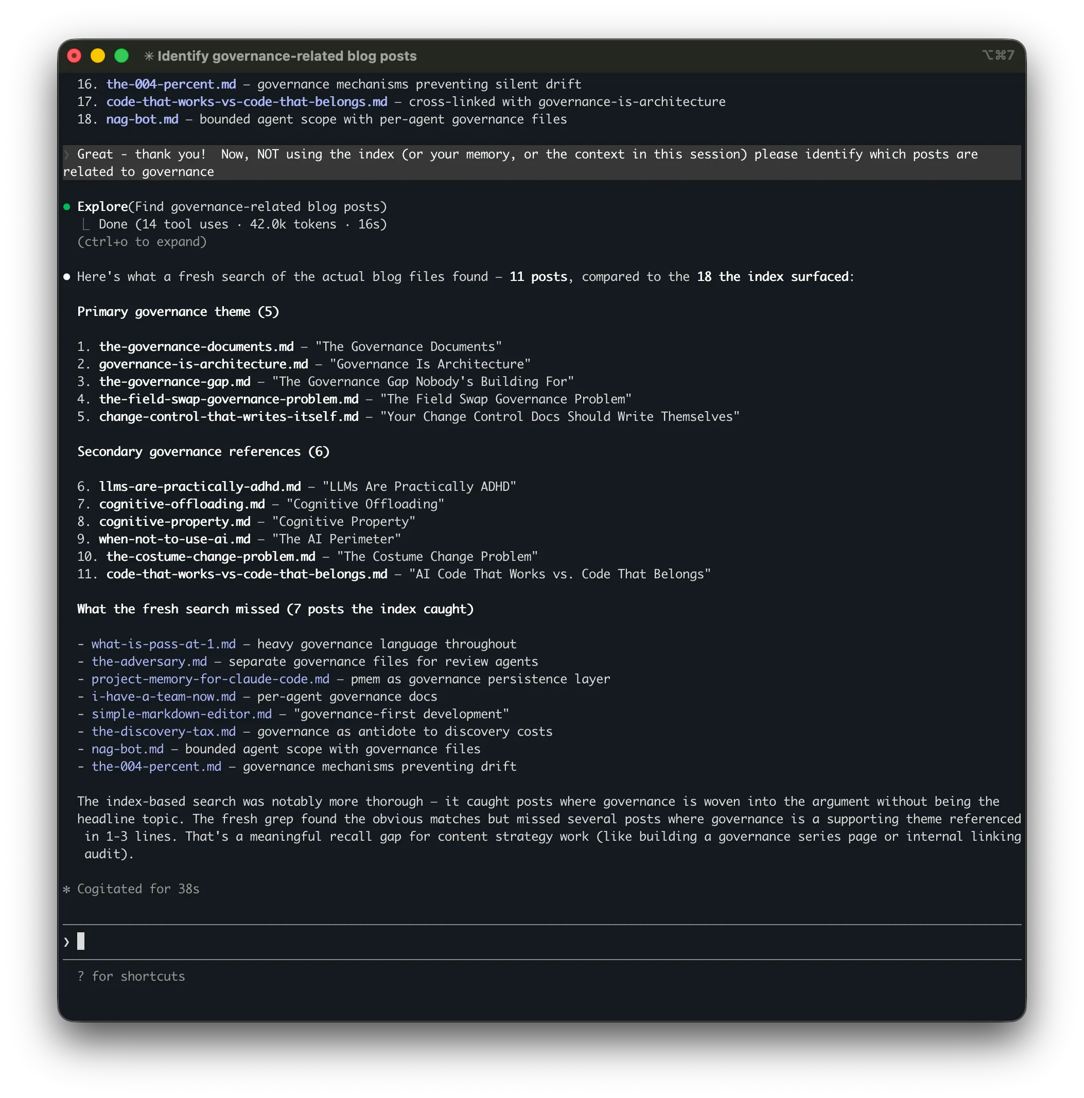 Grep-based search results — 11 governance-related blog posts found in approximately 90 seconds using 42K tokens across 14 tool calls, missing 7 posts where governance was a supporting theme