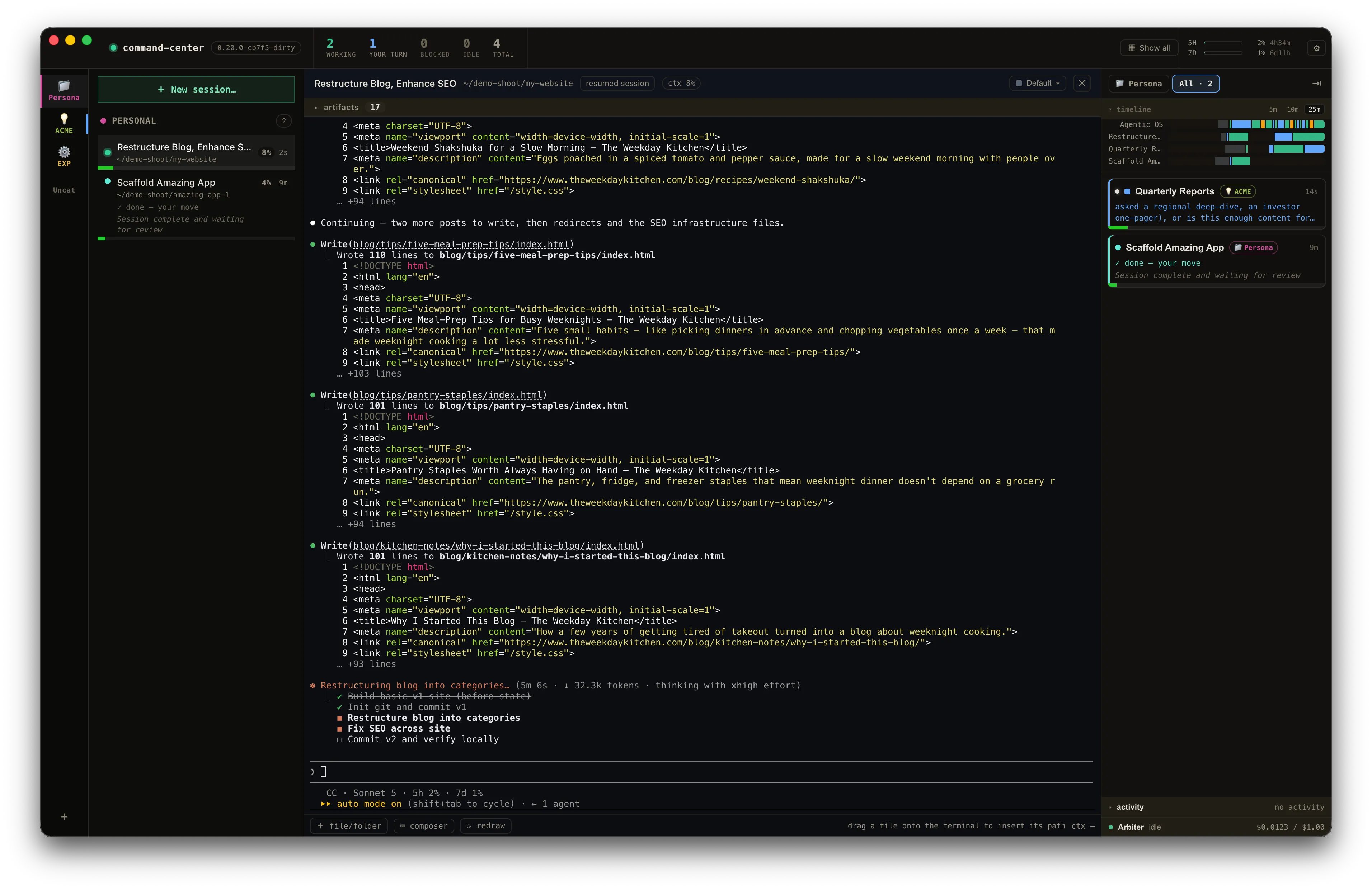 The CC Command Center main window: a category rail and session list on the left, a live Claude Code terminal in the center, and the needs-you board on the right
