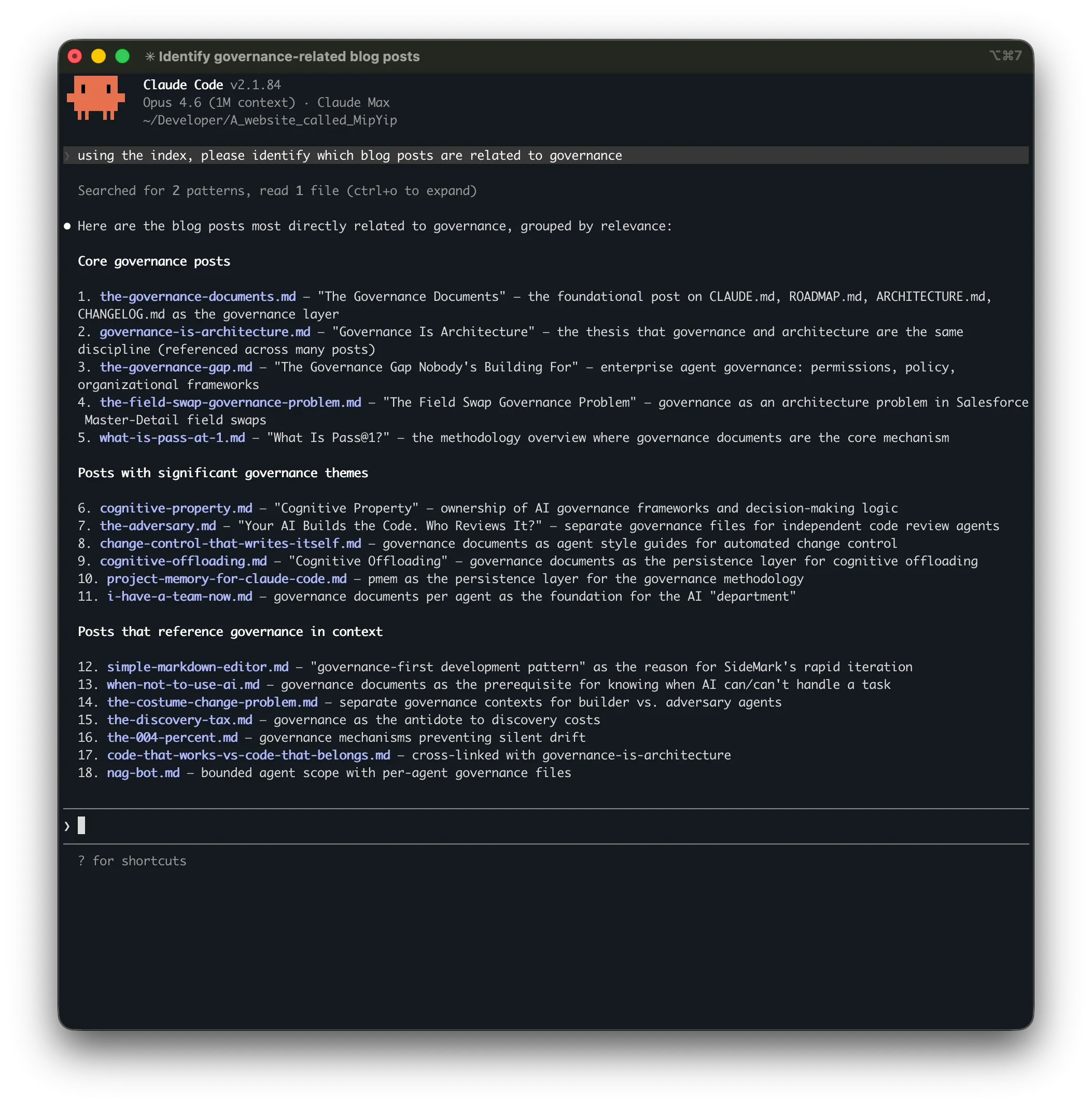 pmem semantic search results — 18 governance-related blog posts found in 20 seconds, grouped by relevance: core governance posts, posts with significant governance themes, and posts that reference governance in context
