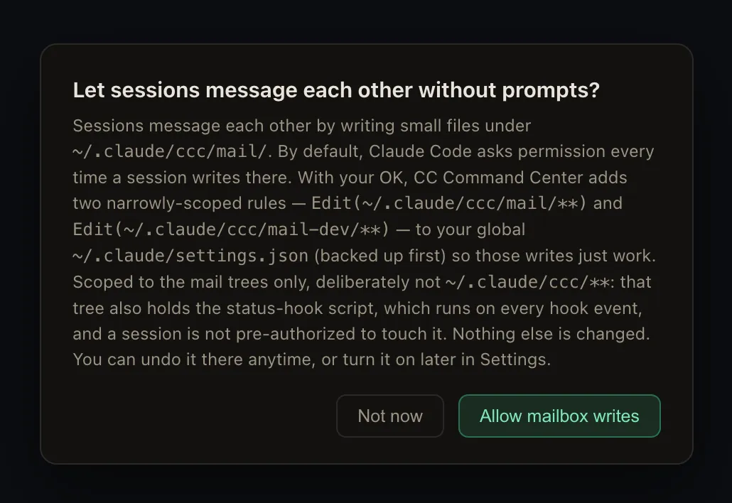 The one-time consent dialog, naming both narrowly-scoped rules it will add to your settings and why it avoids the wider ccc tree