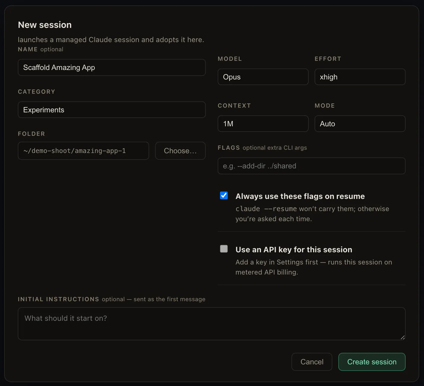 The New Session composer: a two-column dialog with name, category, folder, model and effort pickers, permission mode, context toggle, API key, and initial instructions