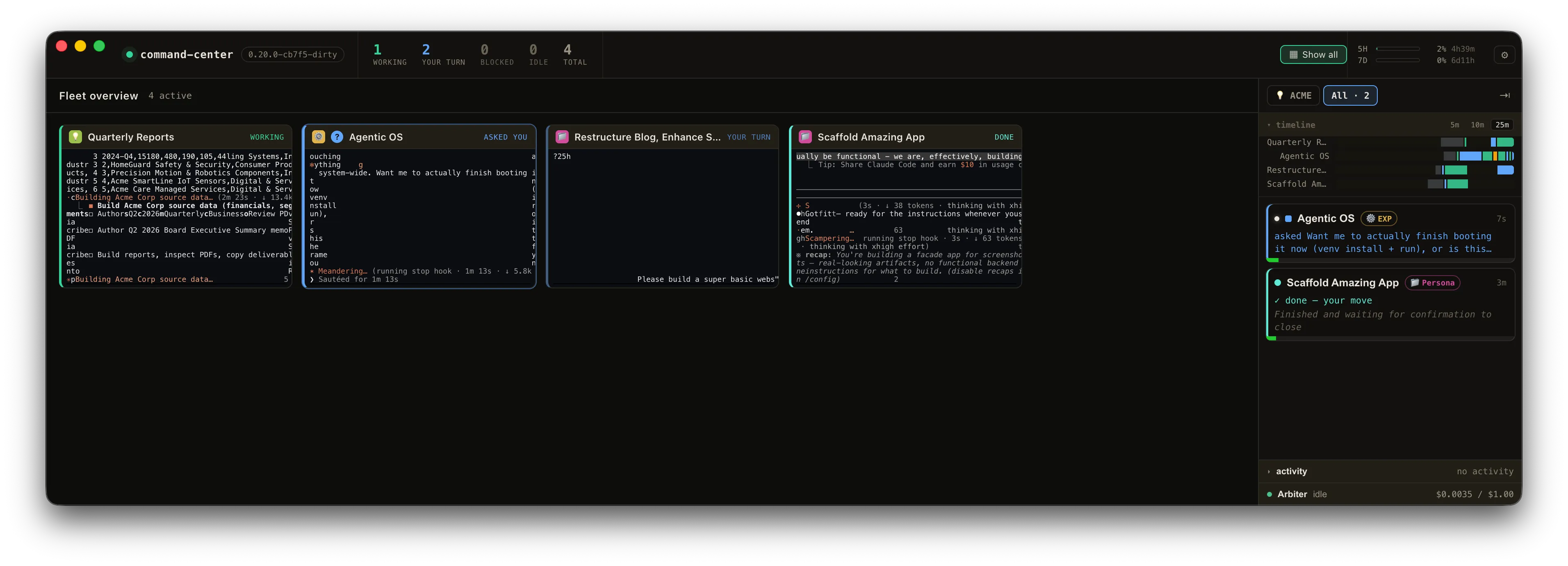The CC Command Center fleet overview grid: four session tiles, each a live terminal thumbnail outlined in its state color — working, asked you, your turn, and done