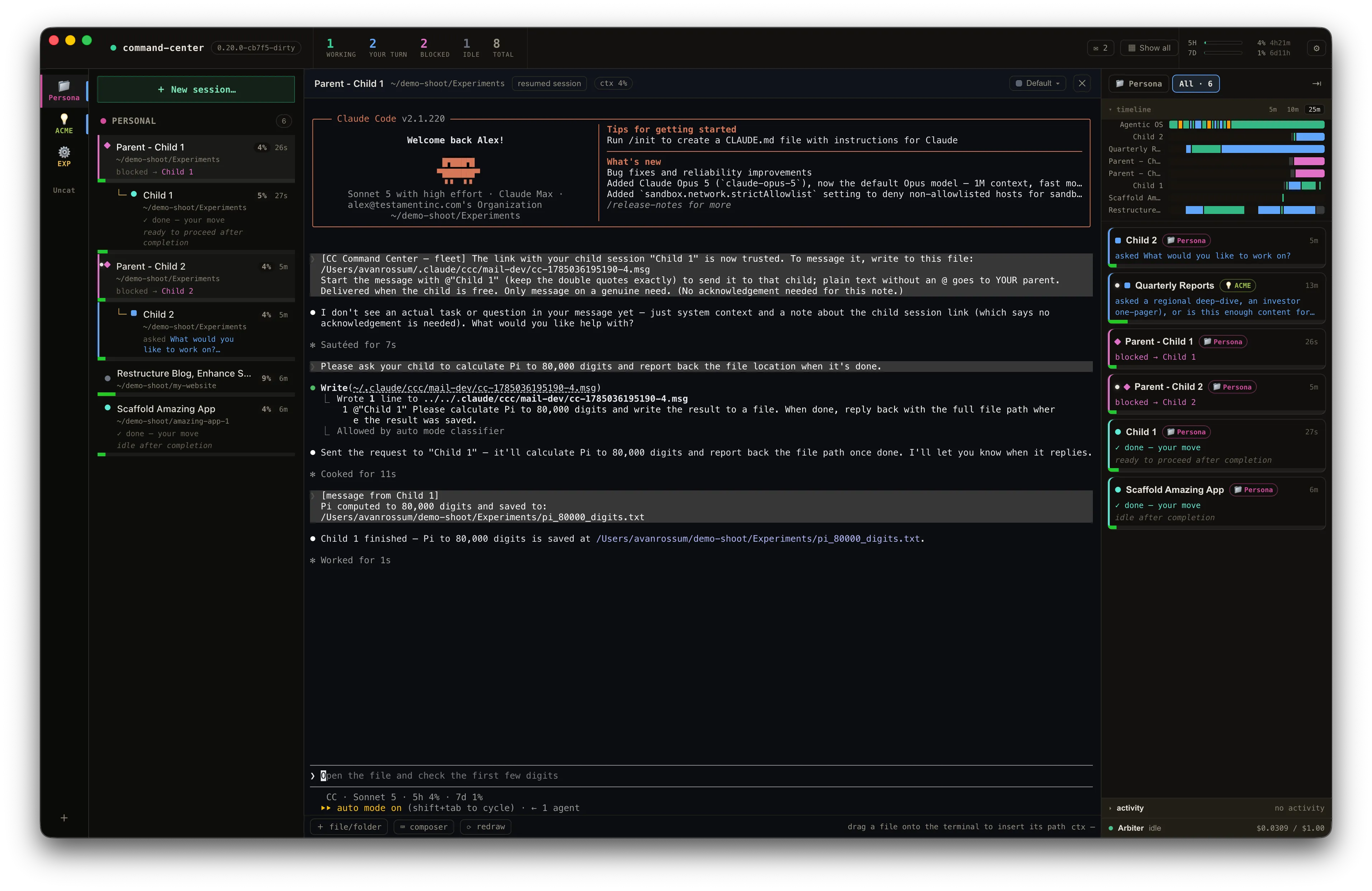 A parent and child Claude Code session exchanging work through CC Command Center, shown across the full app window