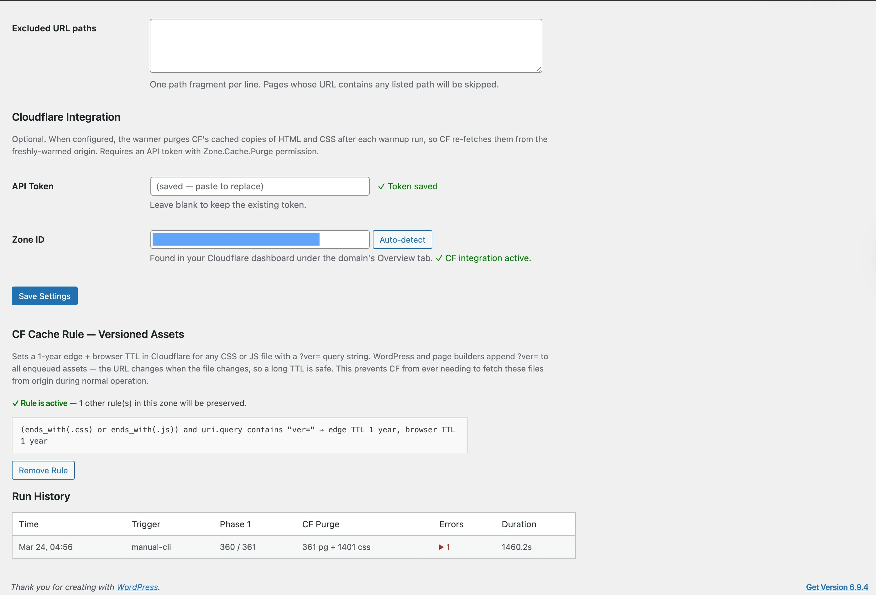 Page Builder Cache Guard settings — Cloudflare integration, health check, and run history