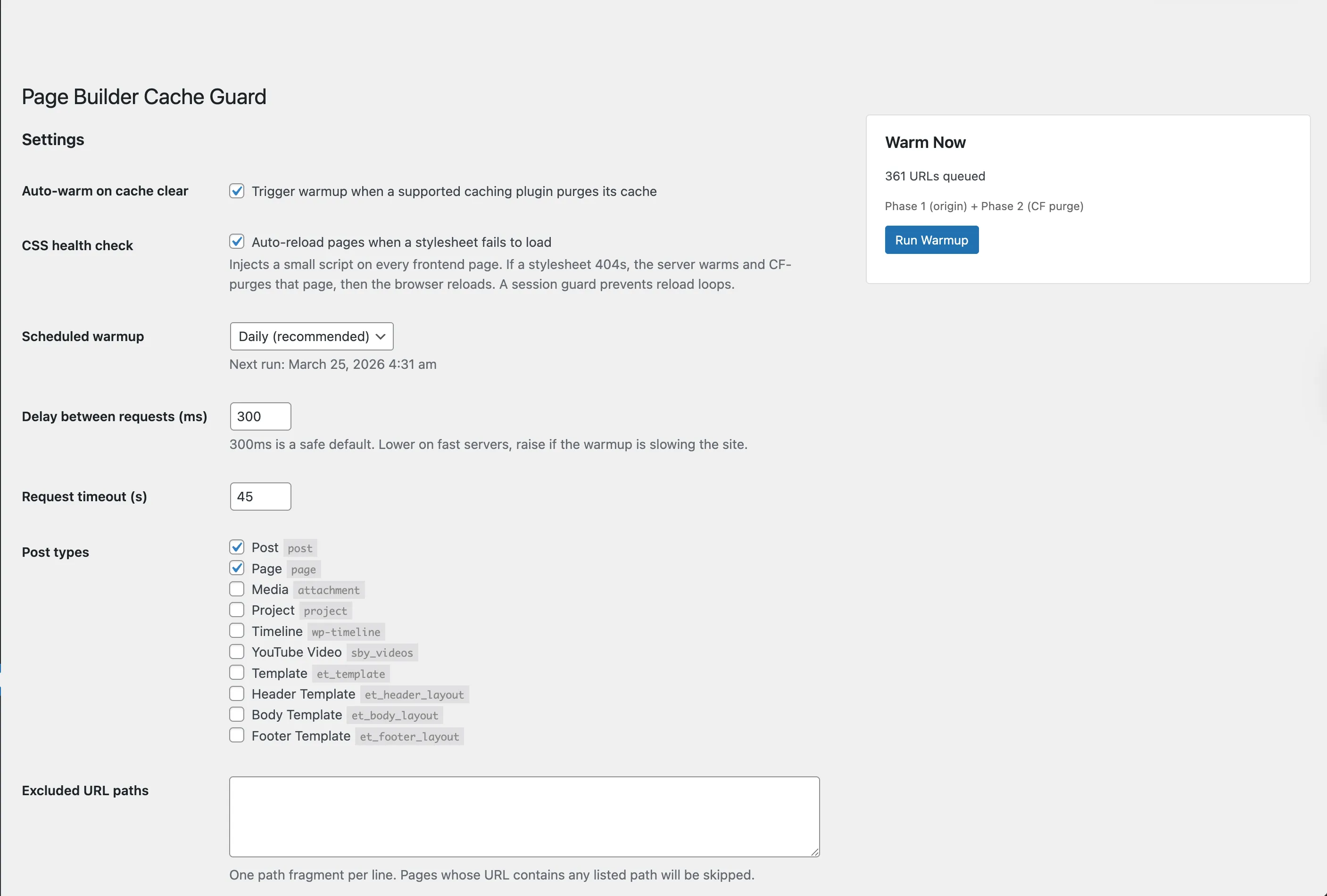 Page Builder Cache Guard settings — schedule, post types, and warmup configuration