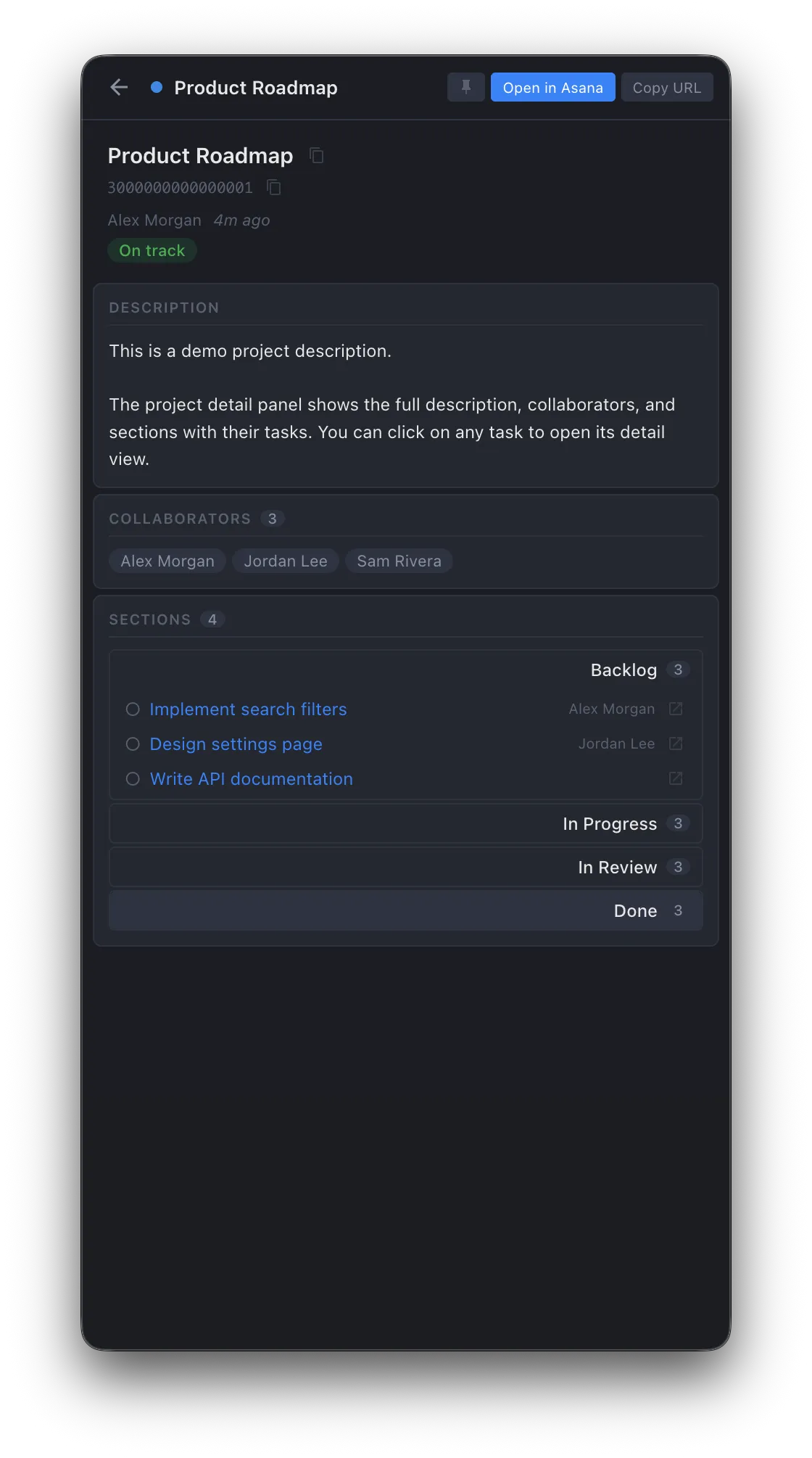 Panoptisana project detail panel showing description, collaborators, and collapsible sections with tasks