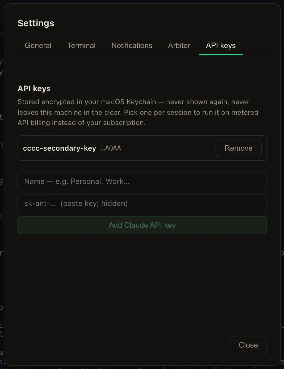 The Settings window showing named API key entry, with keys stored encrypted and shown only by name after entry