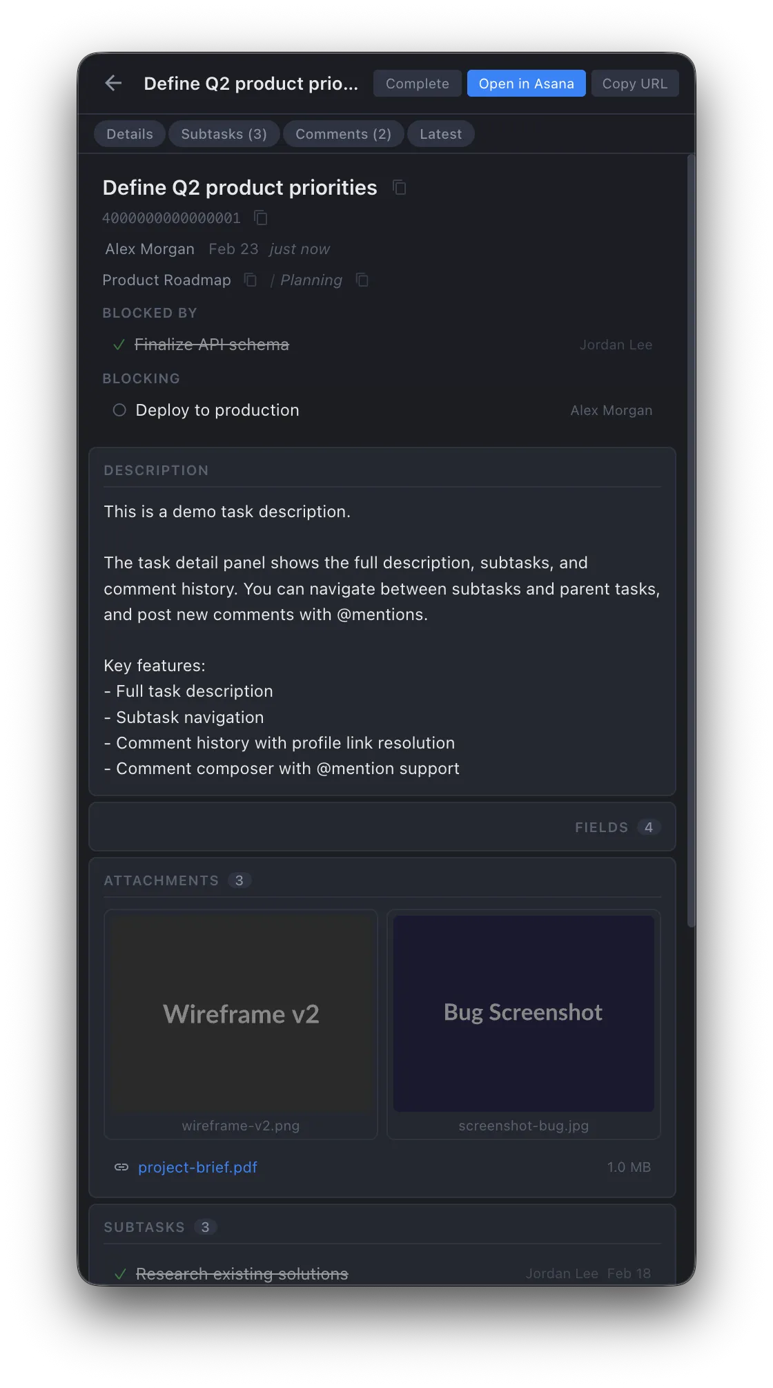 Panoptisana task detail panel showing description, dependencies, custom fields, and attachment thumbnails