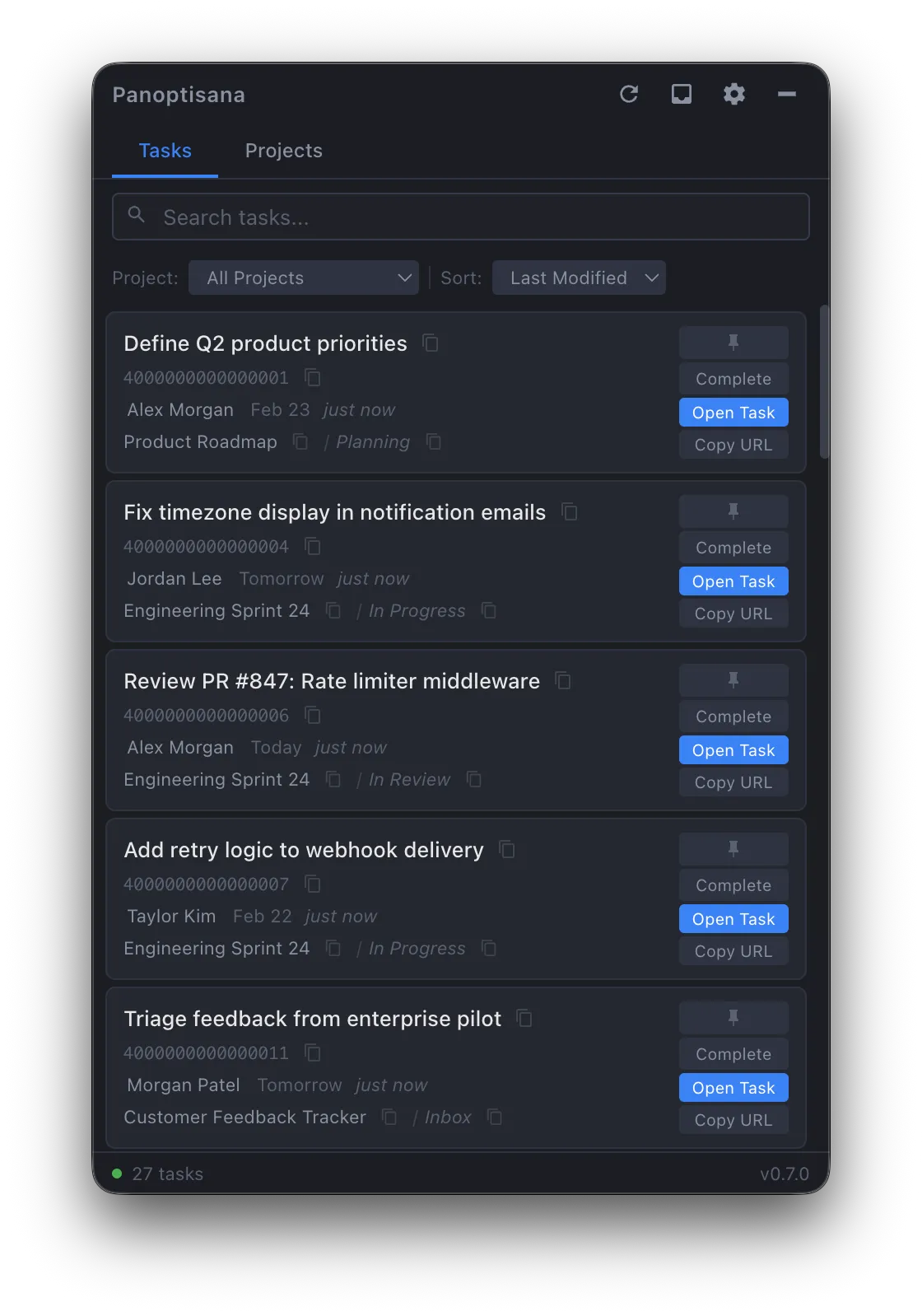 Panoptisana task list view showing searchable, filterable tasks with project context, assignees, and one-click actions