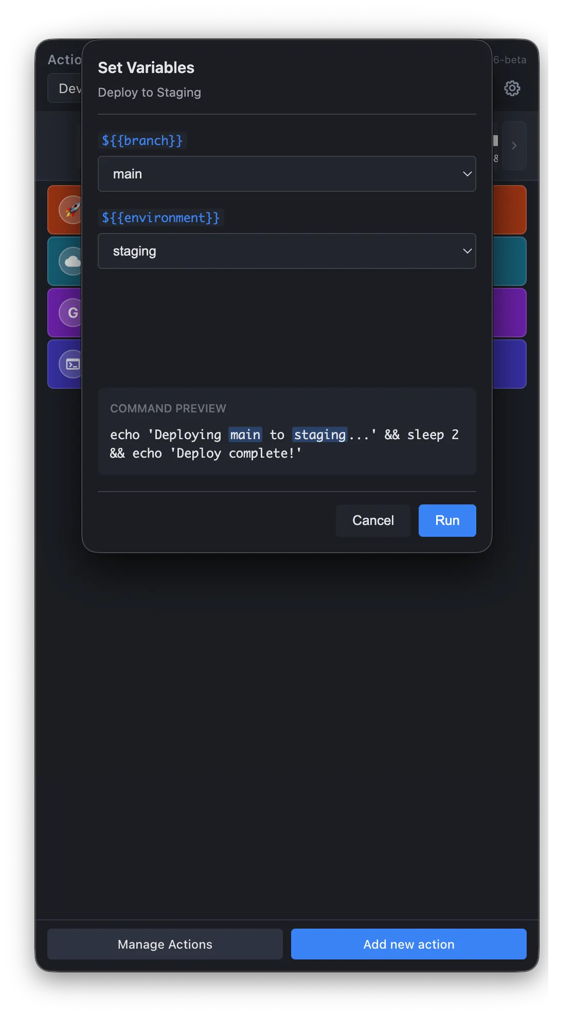 Set Variables dialog for 'Deploy to Staging' — branch and environment dropdowns with preset values, live command preview showing the resolved command
