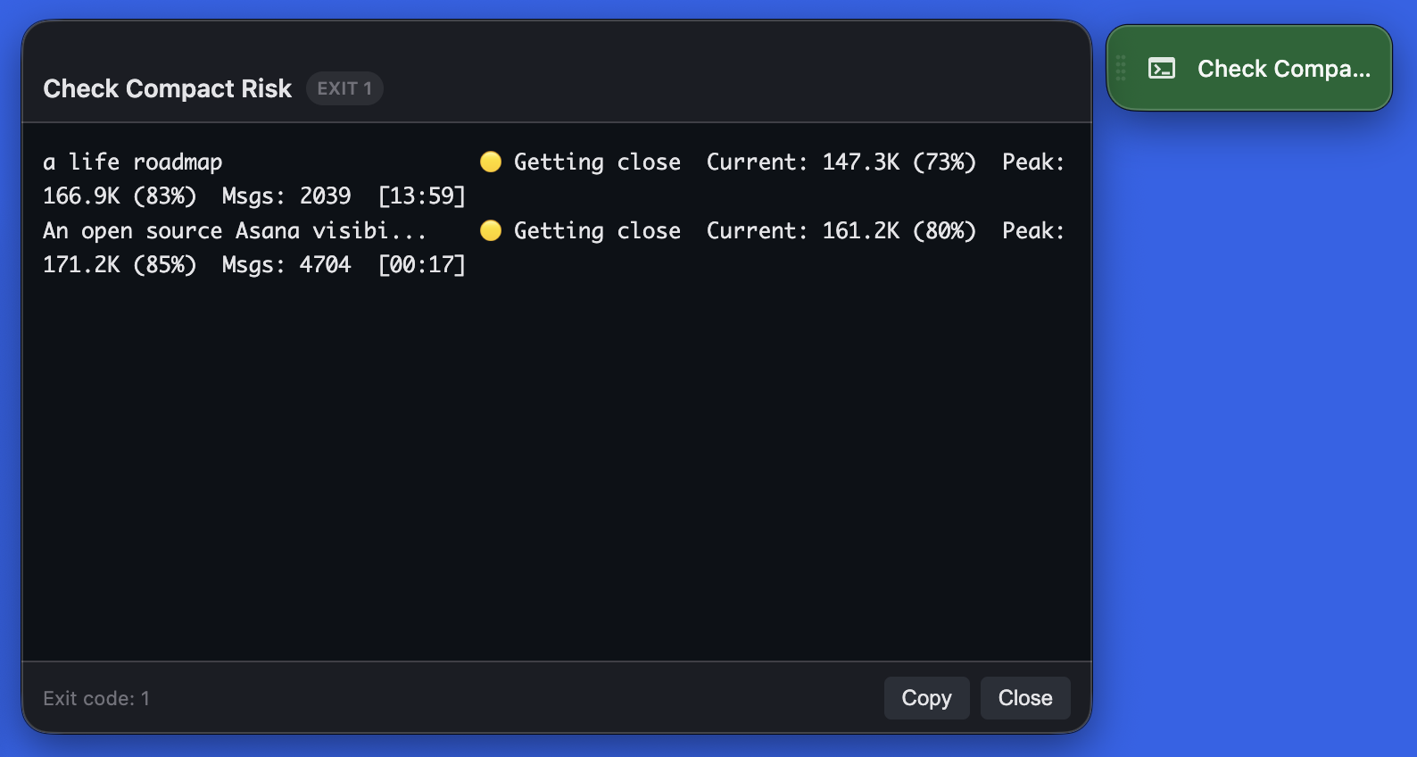 Actions floating popout button showing the context monitor output with two sessions at risk