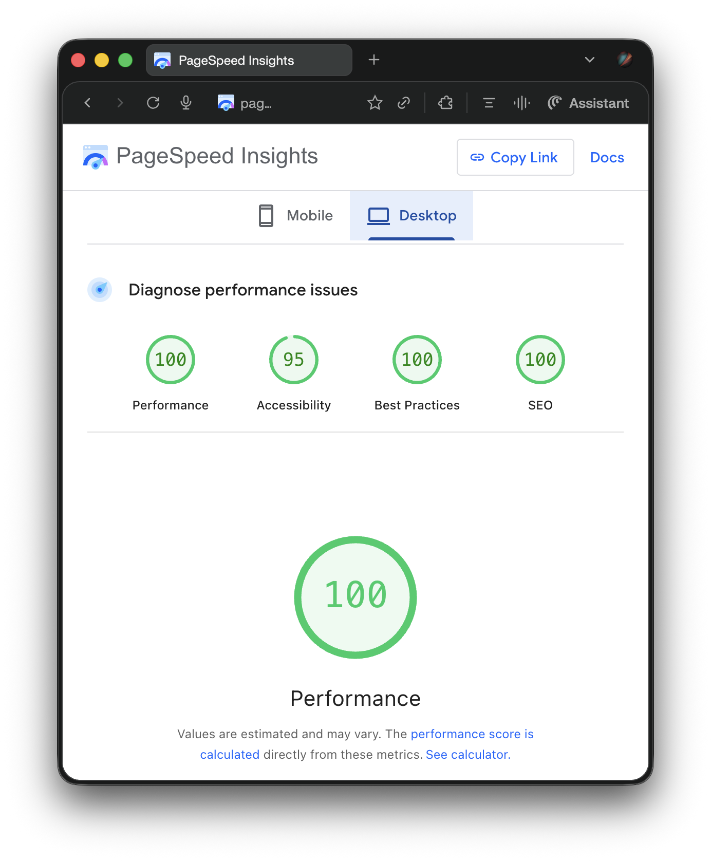 Astro PageSpeed Insights — Desktop: 100 Performance
