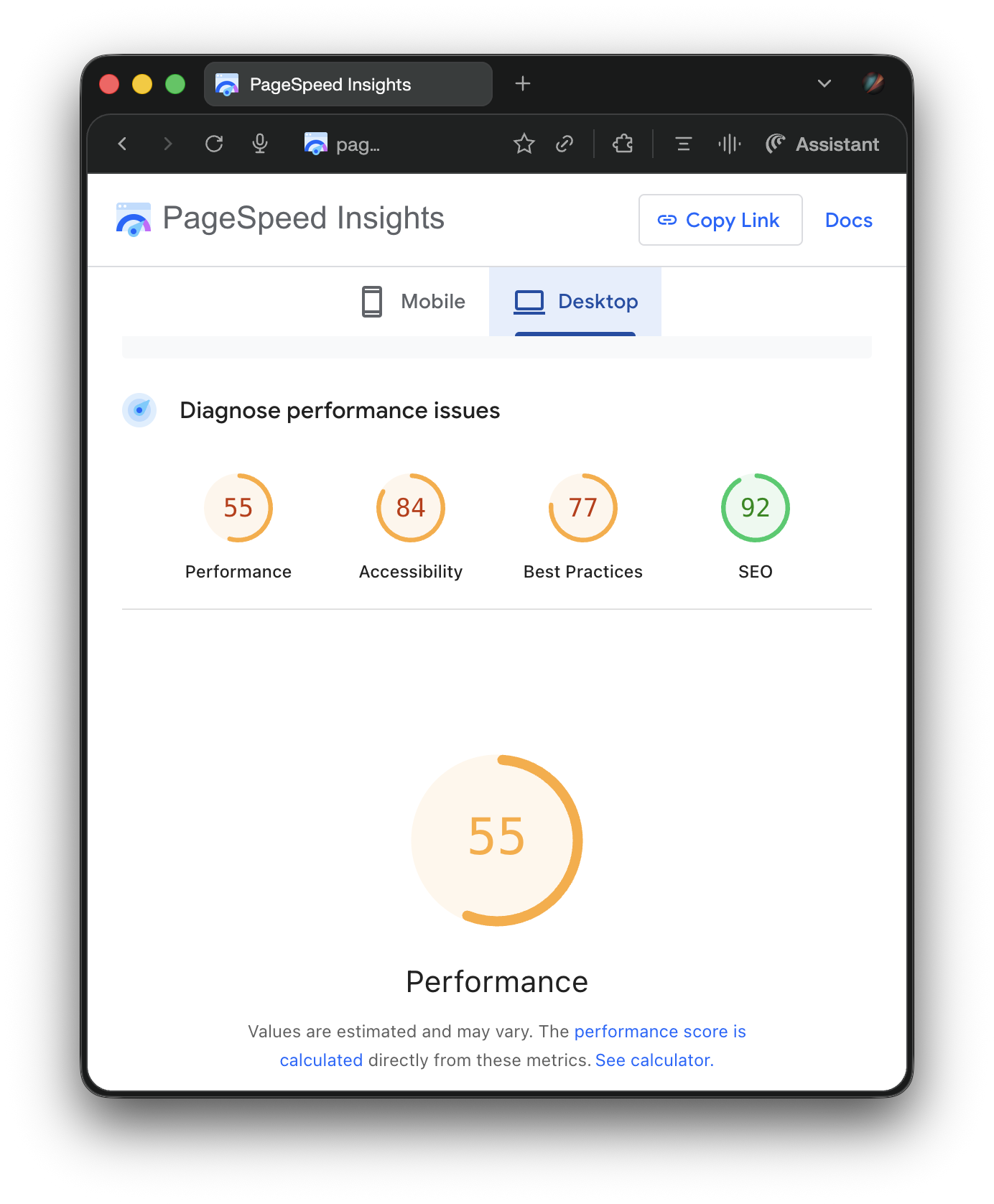 WordPress PageSpeed Insights — Desktop: 55 Performance