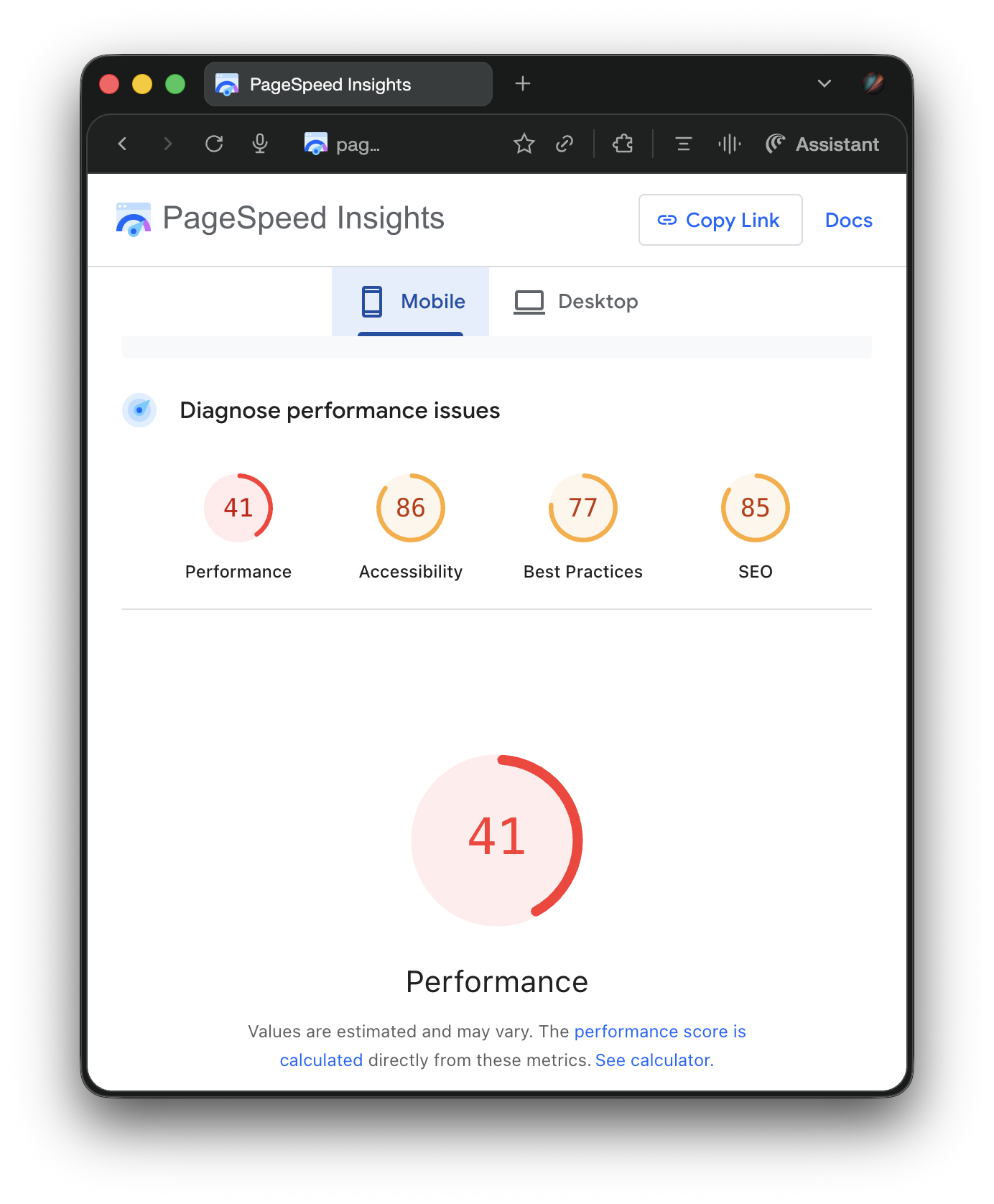 WordPress PageSpeed Insights — Mobile: 41 Performance